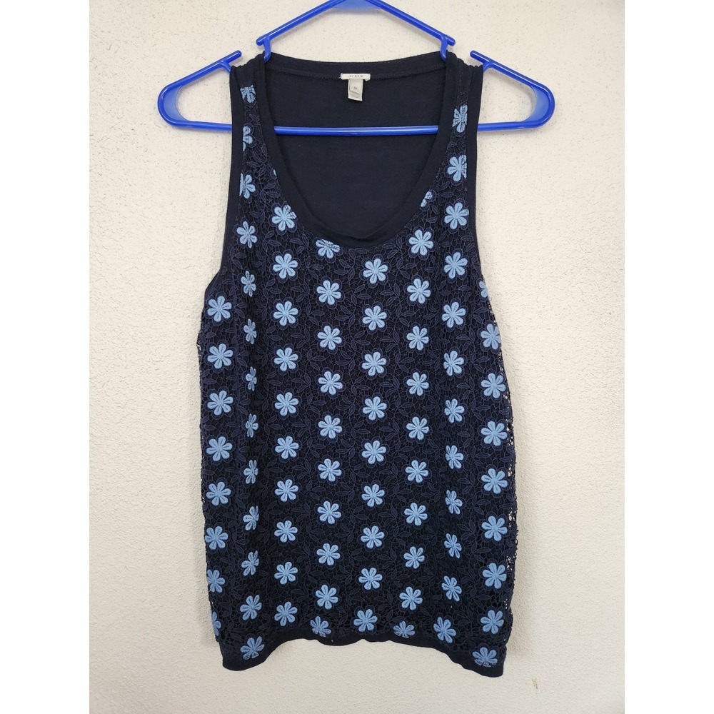 J.Crew Women's M Crocheted Daisy Lace Front‎ Tank Top Sleeveless Navy Light Blue